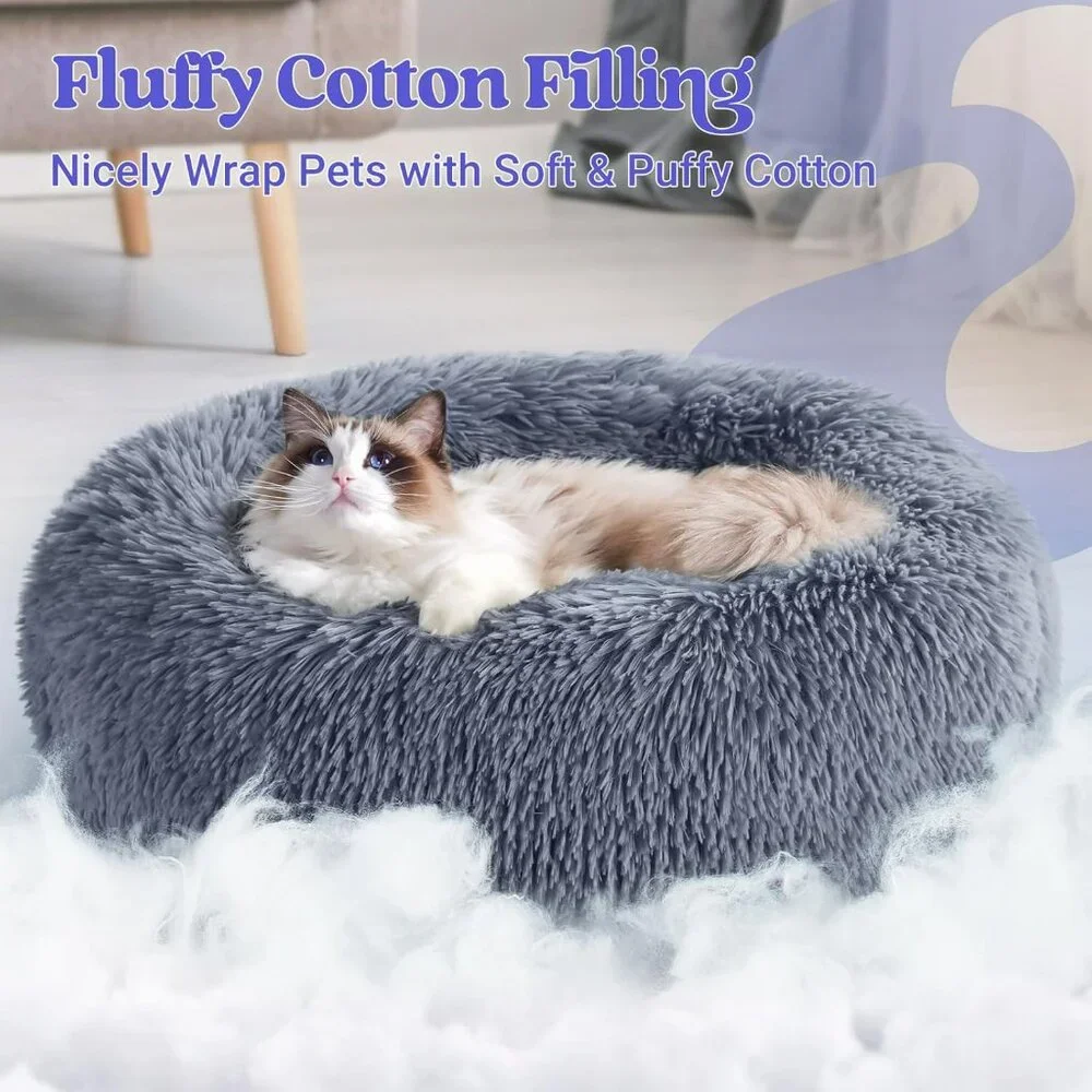 Cat Beds for Indoor Cats, 20 inches Cat Bed Machine Washable, Fluffy Round Pet B